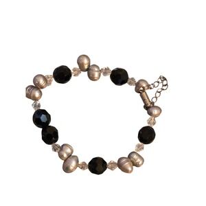 Vintage Silver Tone Baroque Pearl Black‎ Crystal Beaded Bracelet Safety Chain